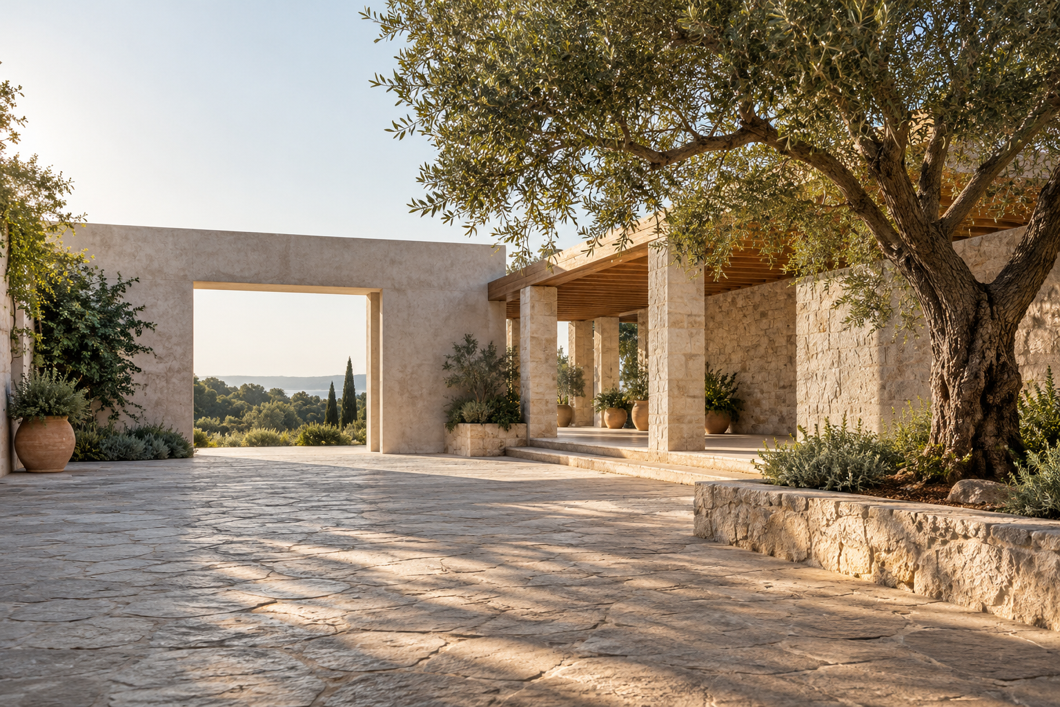 A tranquil courtyard with greenery and warm architectural details